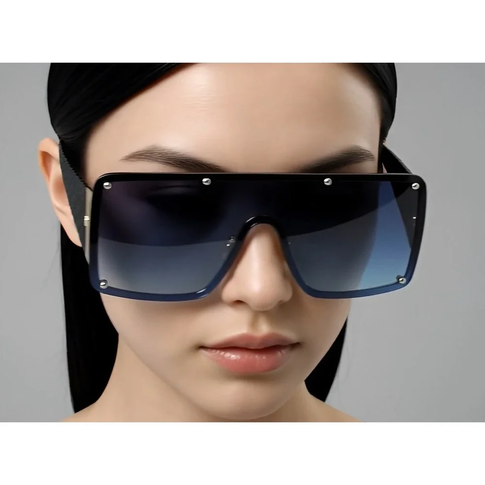 RETRO SHIELD Style Party Rave‎ Club DJ SUN GLASSES Gold Frame Flat Blue Lens New